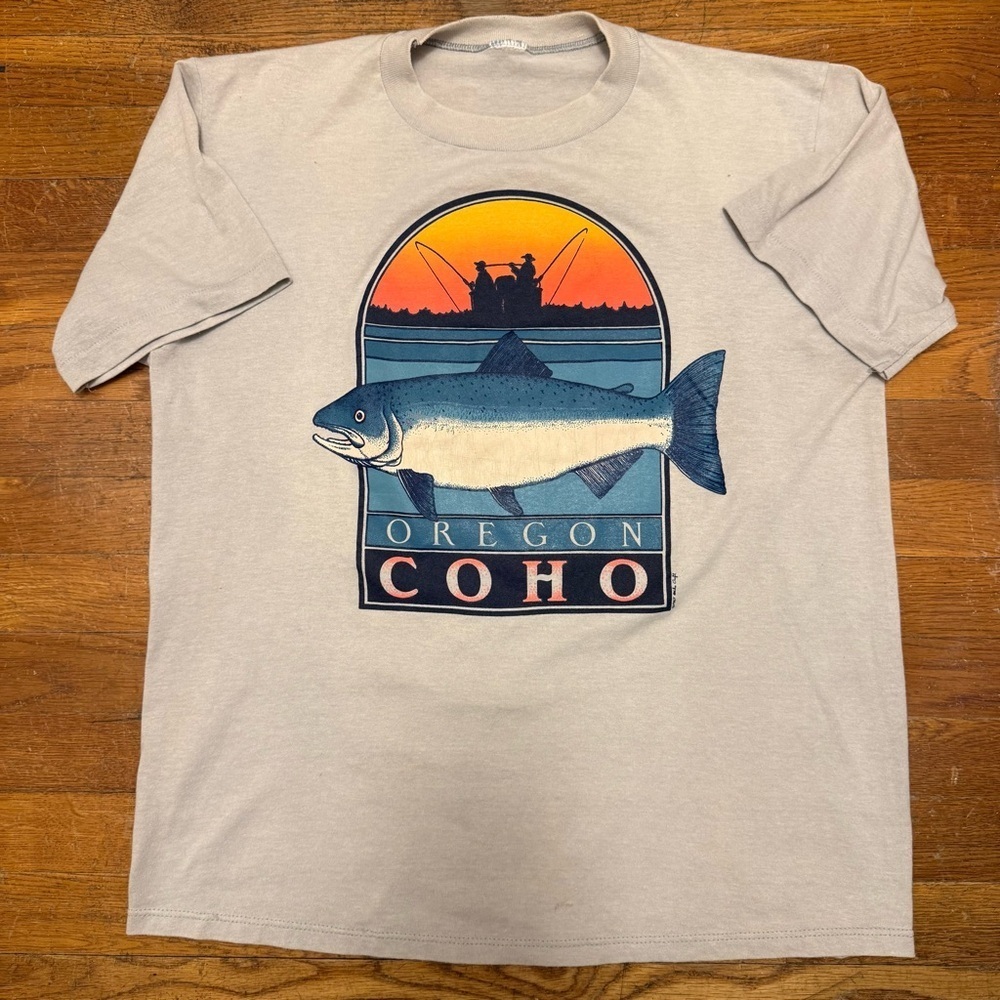 Vintage 1987 Oregon Salmon Fishing Graphic T Shirt Tagless Medium 80s - Picture 2 of 4